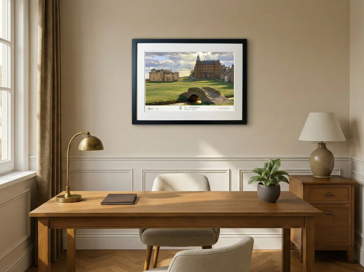 Framed St Andrews artwork displayed in a study