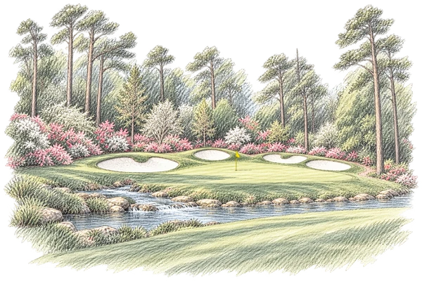 Pencil and watercolour study of Azalea’s green, with the creek, flowering azaleas and pine trees