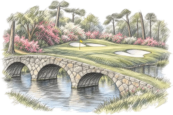 Pencil and watercolour study of the Hogan Bridge over Rae’s Creek, with Golden Bell’s green and azaleas beyond