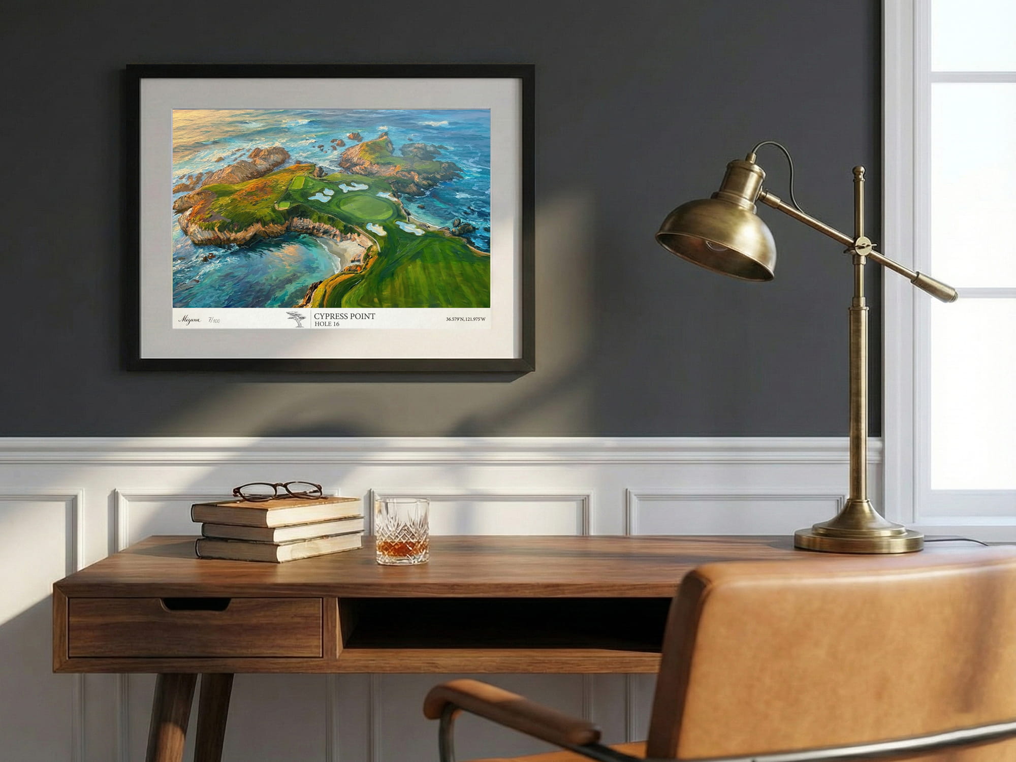 Cypress Point Hole 16 artwork shown framed in a room