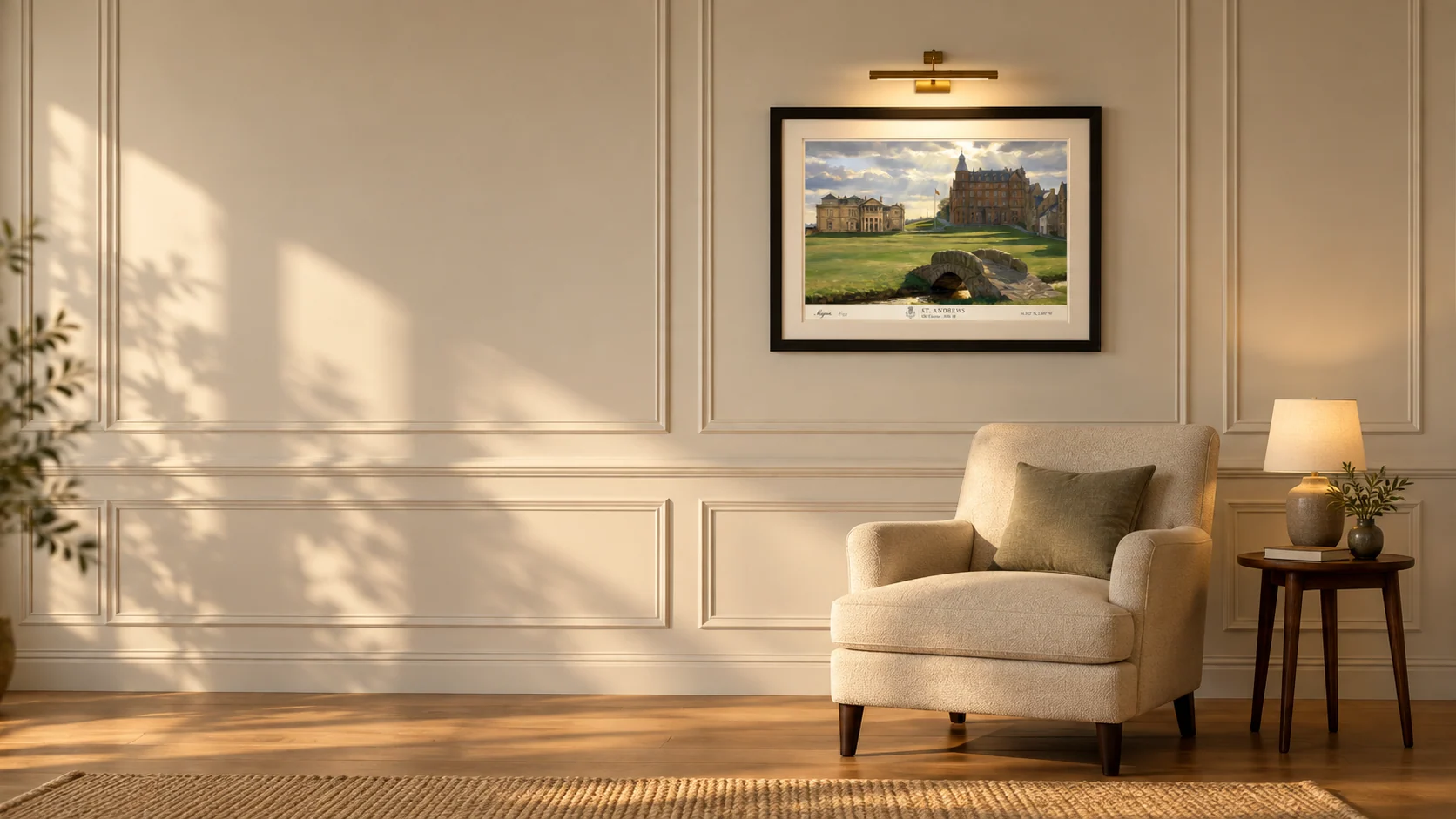 St Andrews Old Course framed artwork displayed above a reading chair in a warm, sunlit room