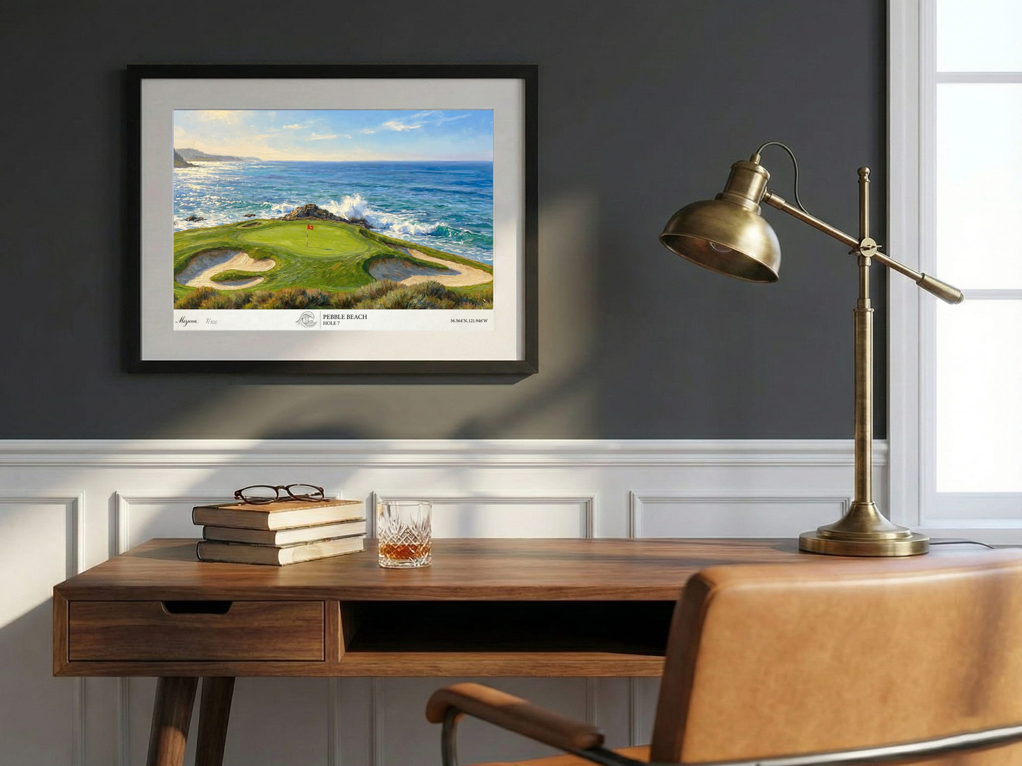 Pebble Beach Hole 7 artwork shown framed in a room