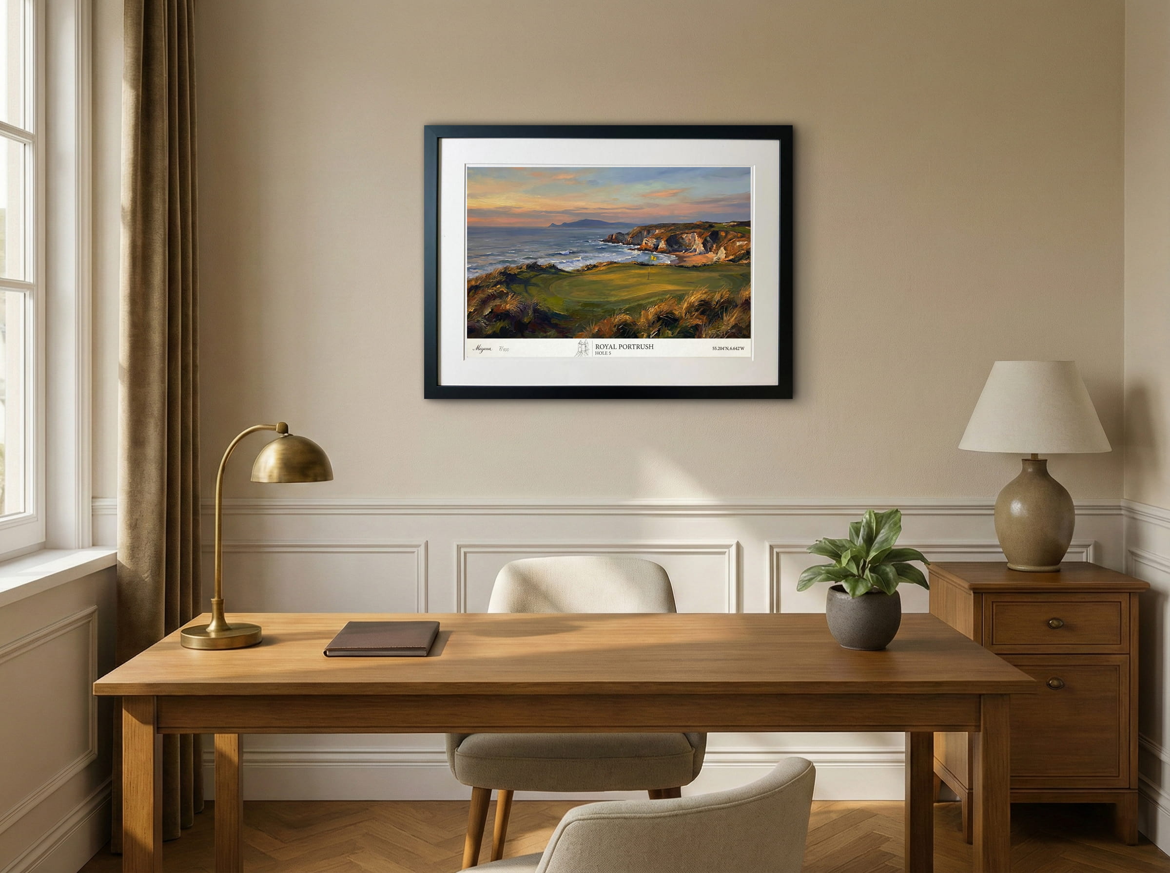 Royal Portrush Hole 5, White Rocks artwork shown in a room