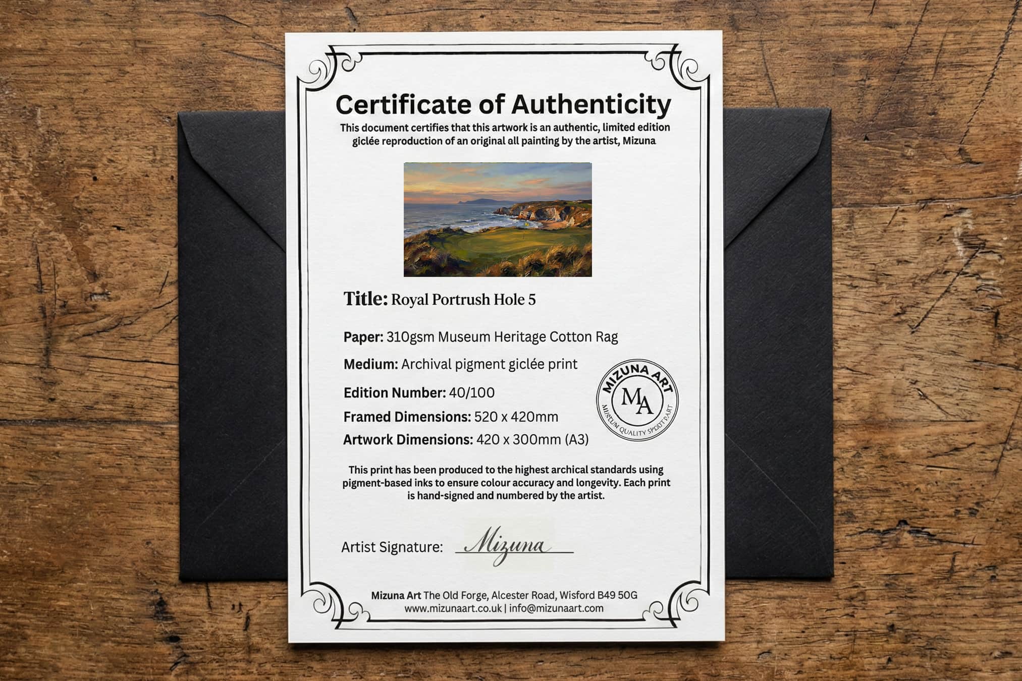 Royal Portrush Hole 5 limited-edition certificate of authenticity