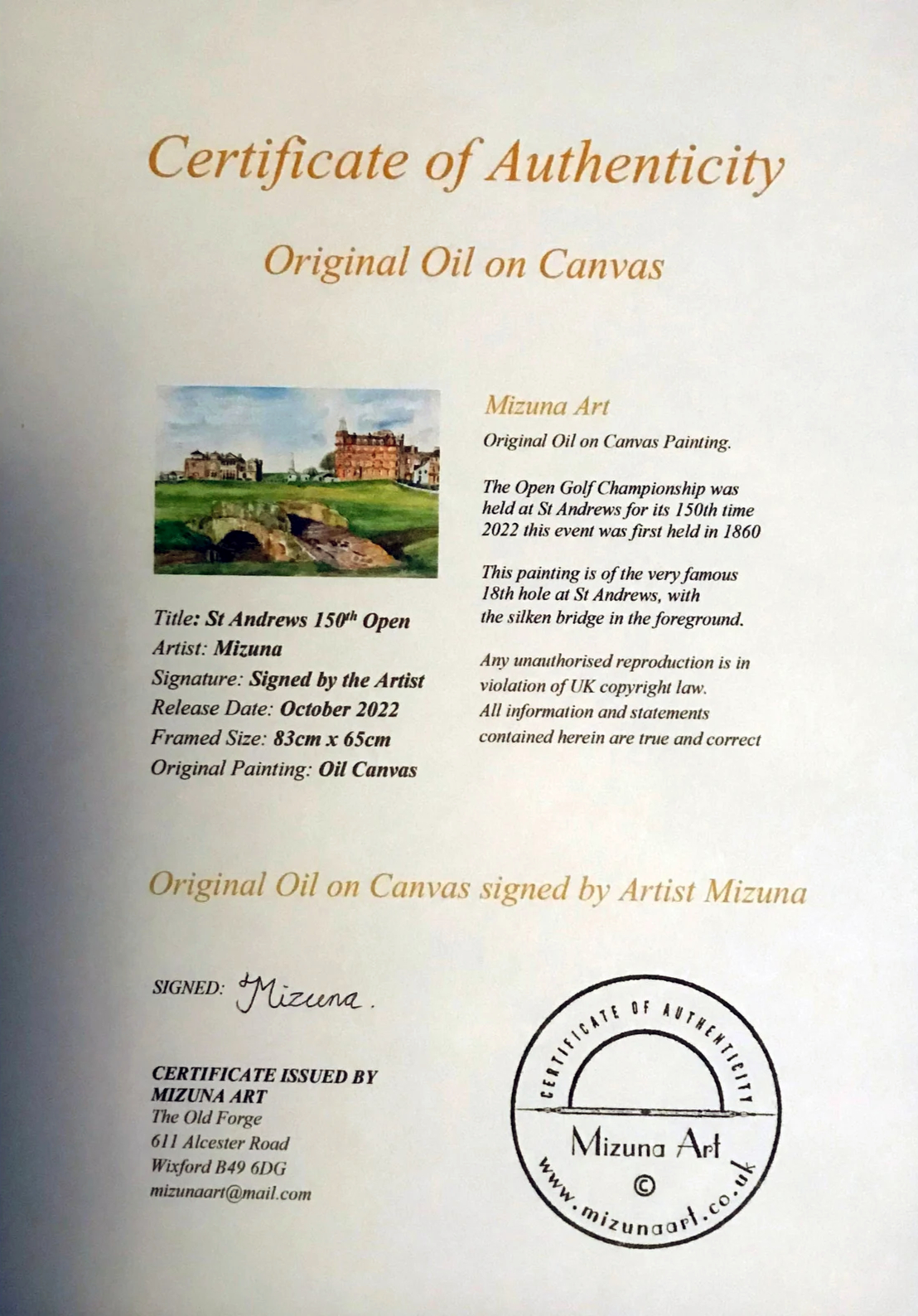 Certificate of authenticity for the St Andrews 150th Open original oil painting
