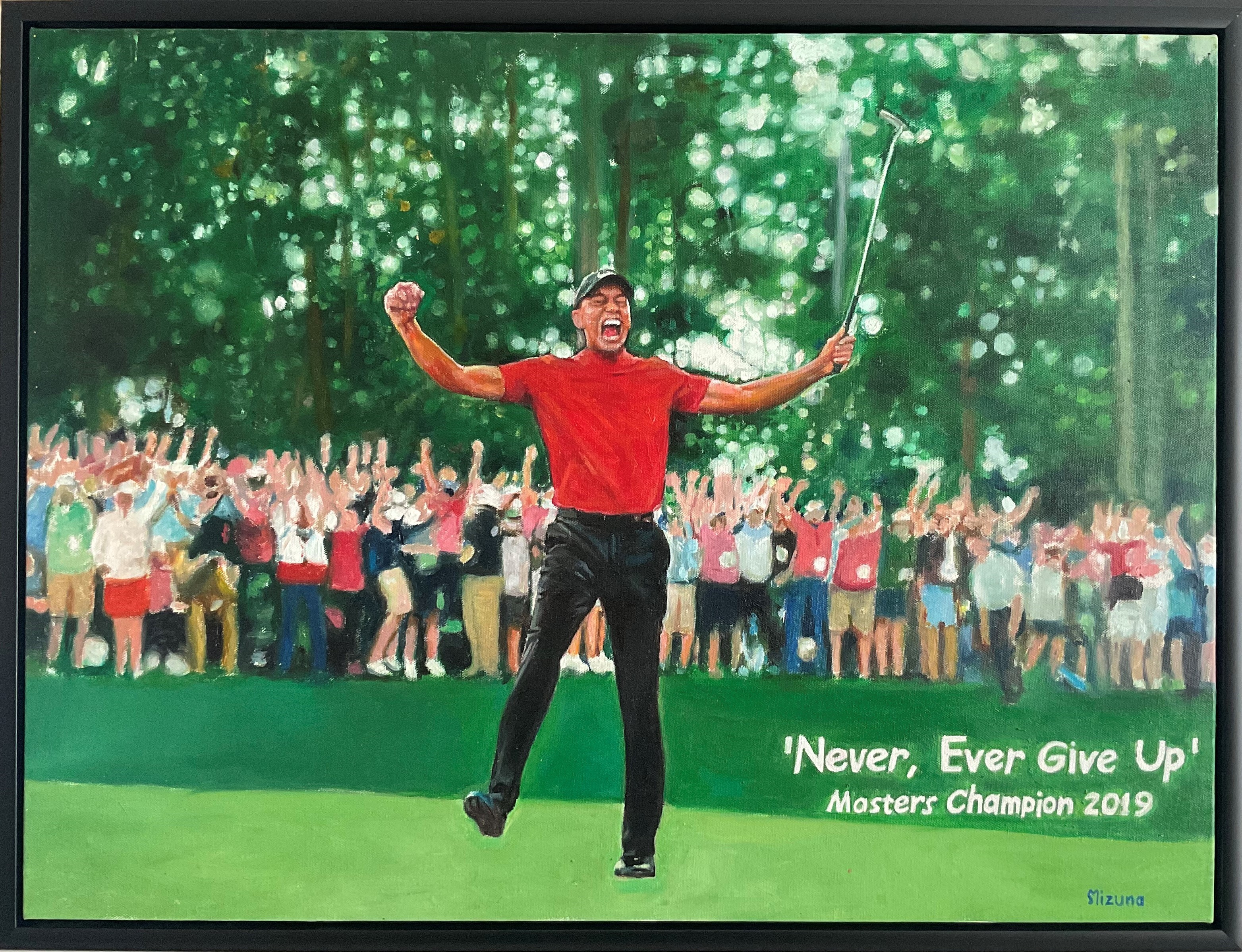 Original oil painting of a Masters champion celebrating