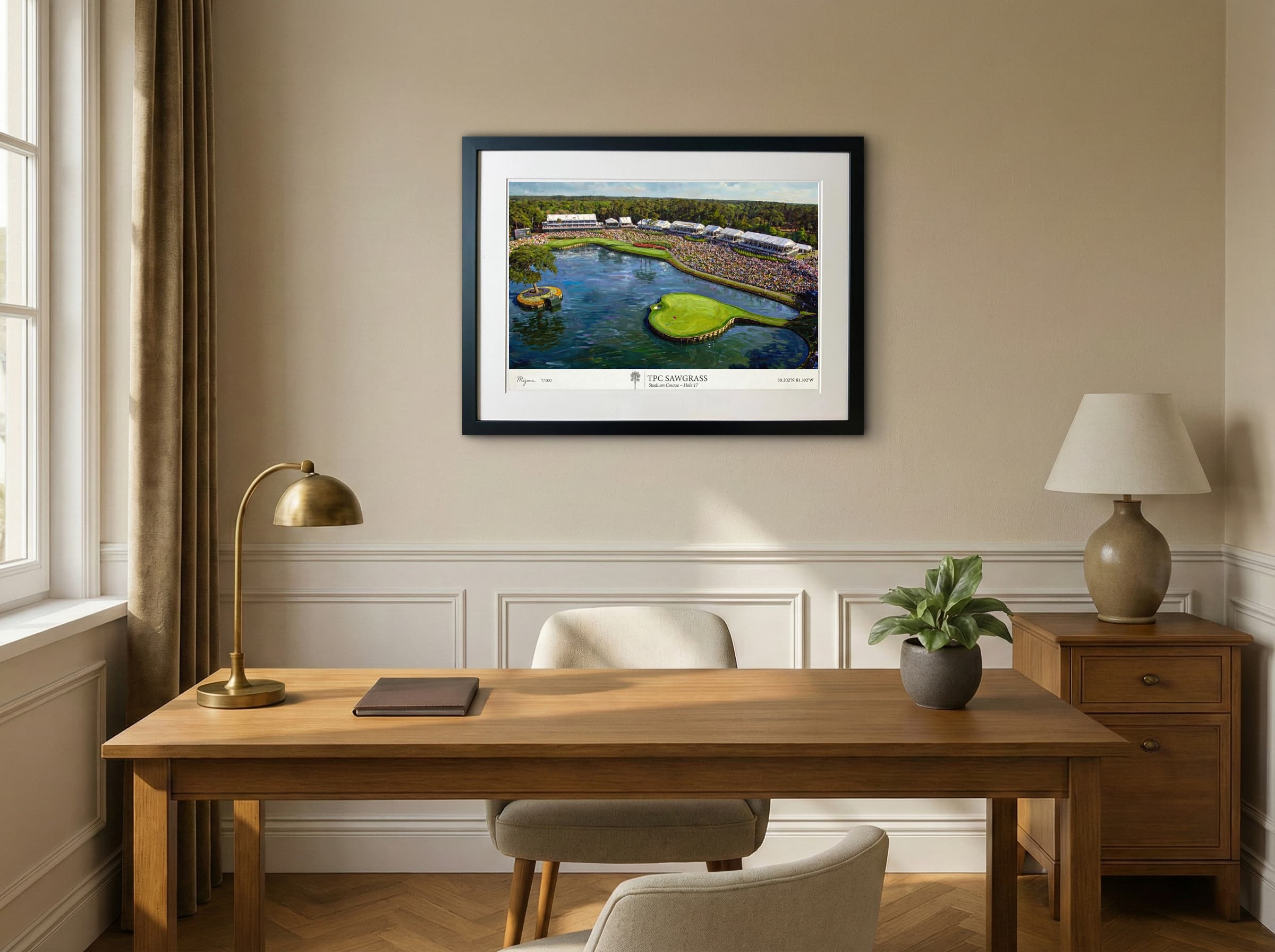 TPC Sawgrass Hole 17 artwork shown in a room