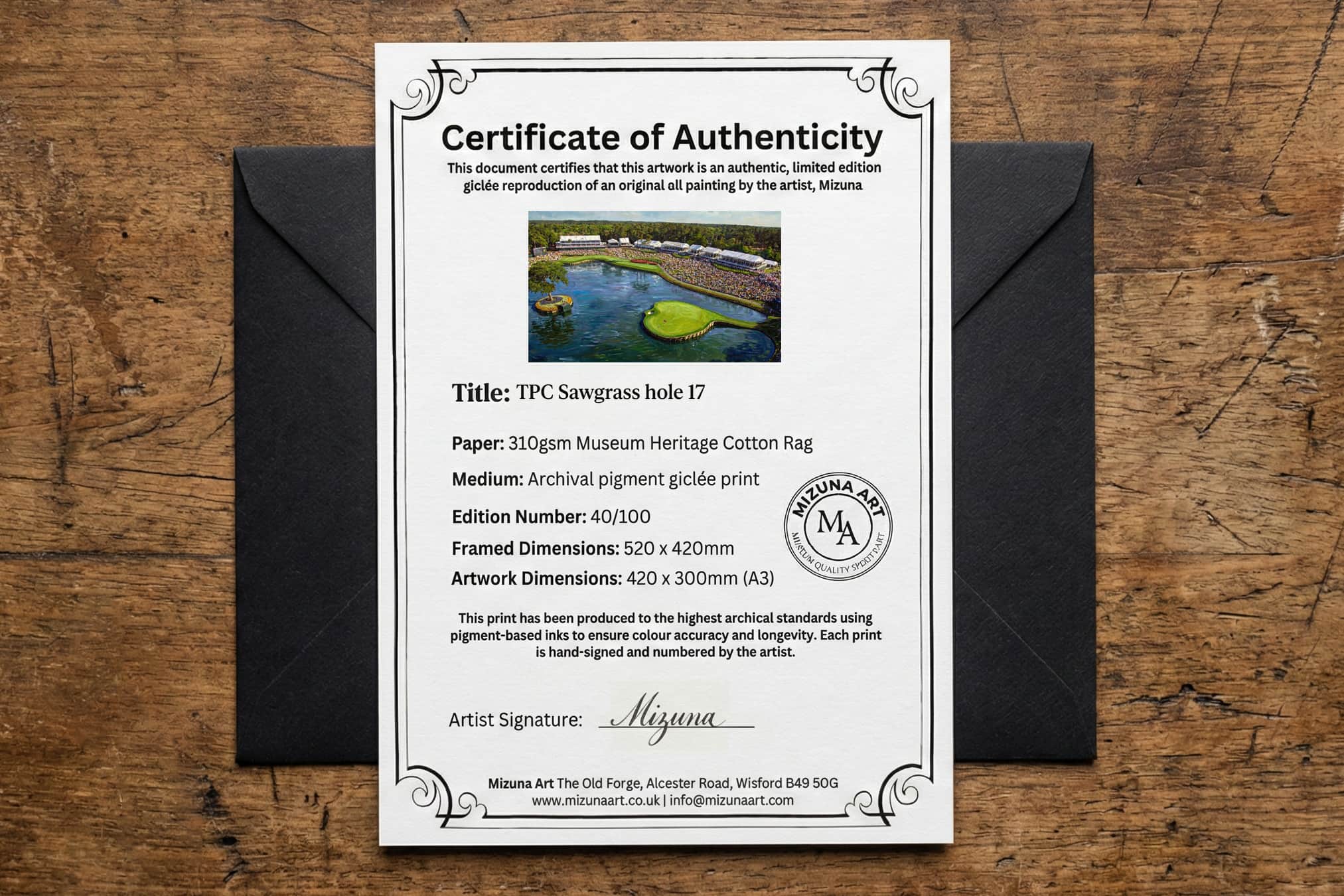 TPC Sawgrass Hole 17 limited-edition certificate of authenticity