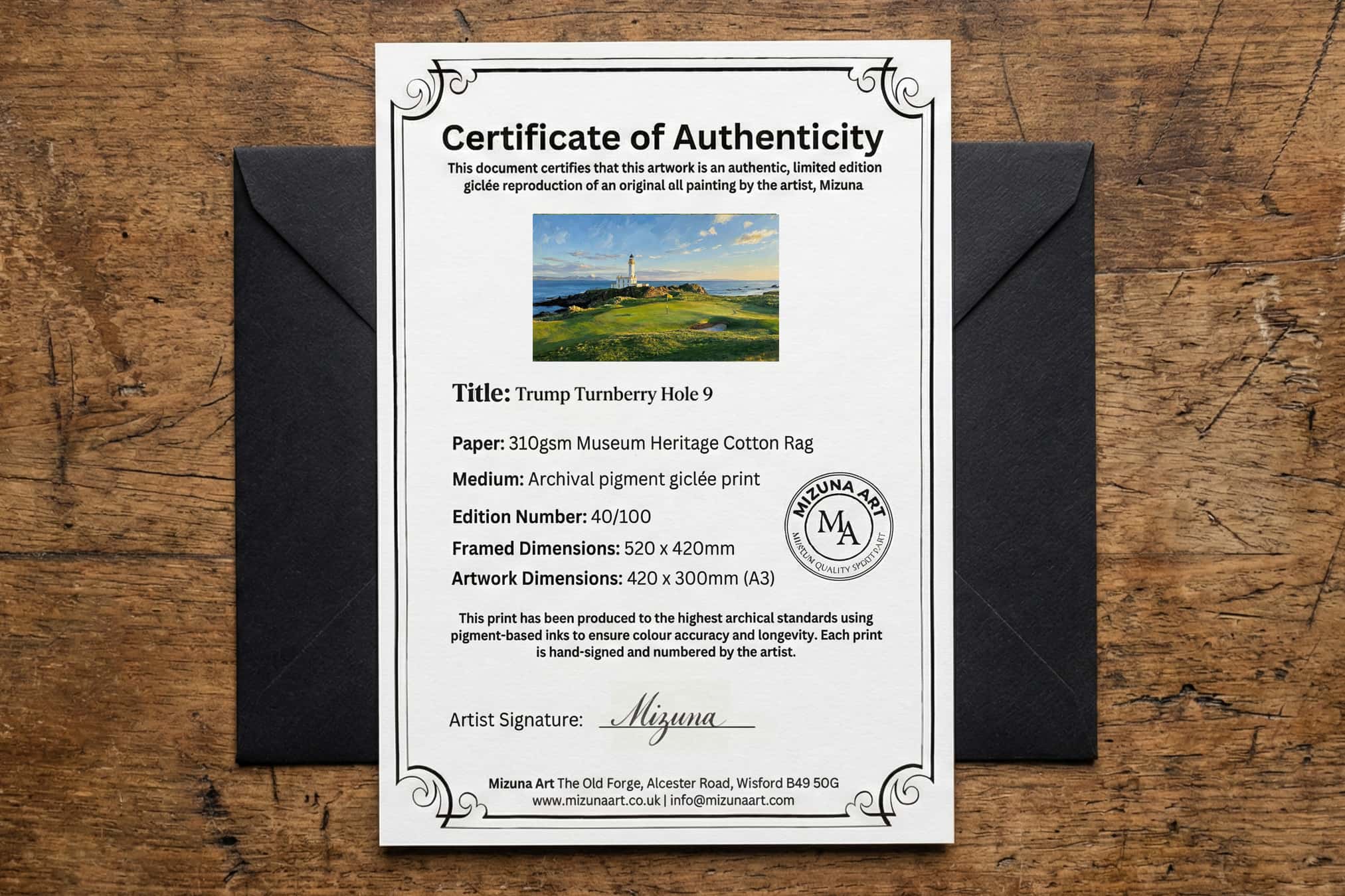 Turnberry Ailsa Course Hole 9 limited-edition certificate of authenticity